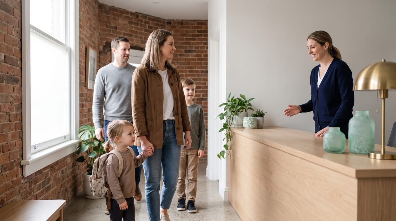 A family of four arriving at the Harborlight reception, greeted from behind the white oak desk