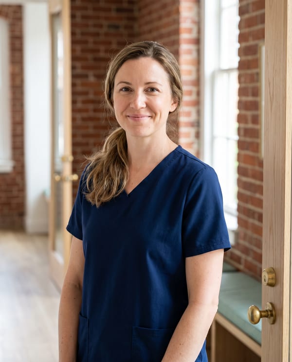 Portrait of Jenna Thibodeau, lead hygienist at Harborlight, in a bright hallway with exposed brick