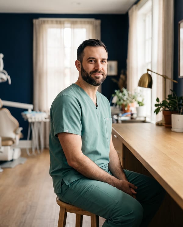 Portrait of Dr. Marcus Pelletier, general dentist at Harborlight, seated in a daylit treatment room