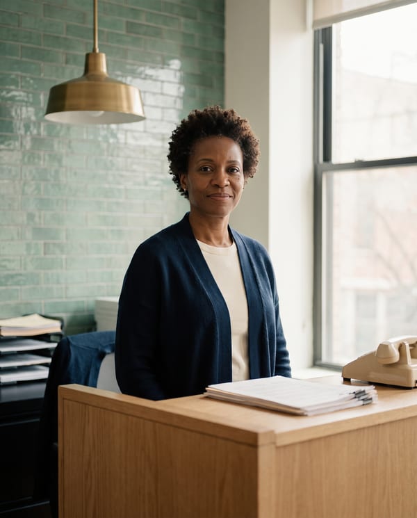 Portrait of Naomi Baptiste, office manager, behind the white oak reception desk at Harborlight