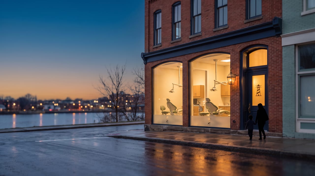 Harborlight's renovated red-brick building on the edge of Back Cove at blue hour, two warmly lit treatment rooms with dental chairs and overhead lamps visible through the arched windows, a parent and child at the navy door