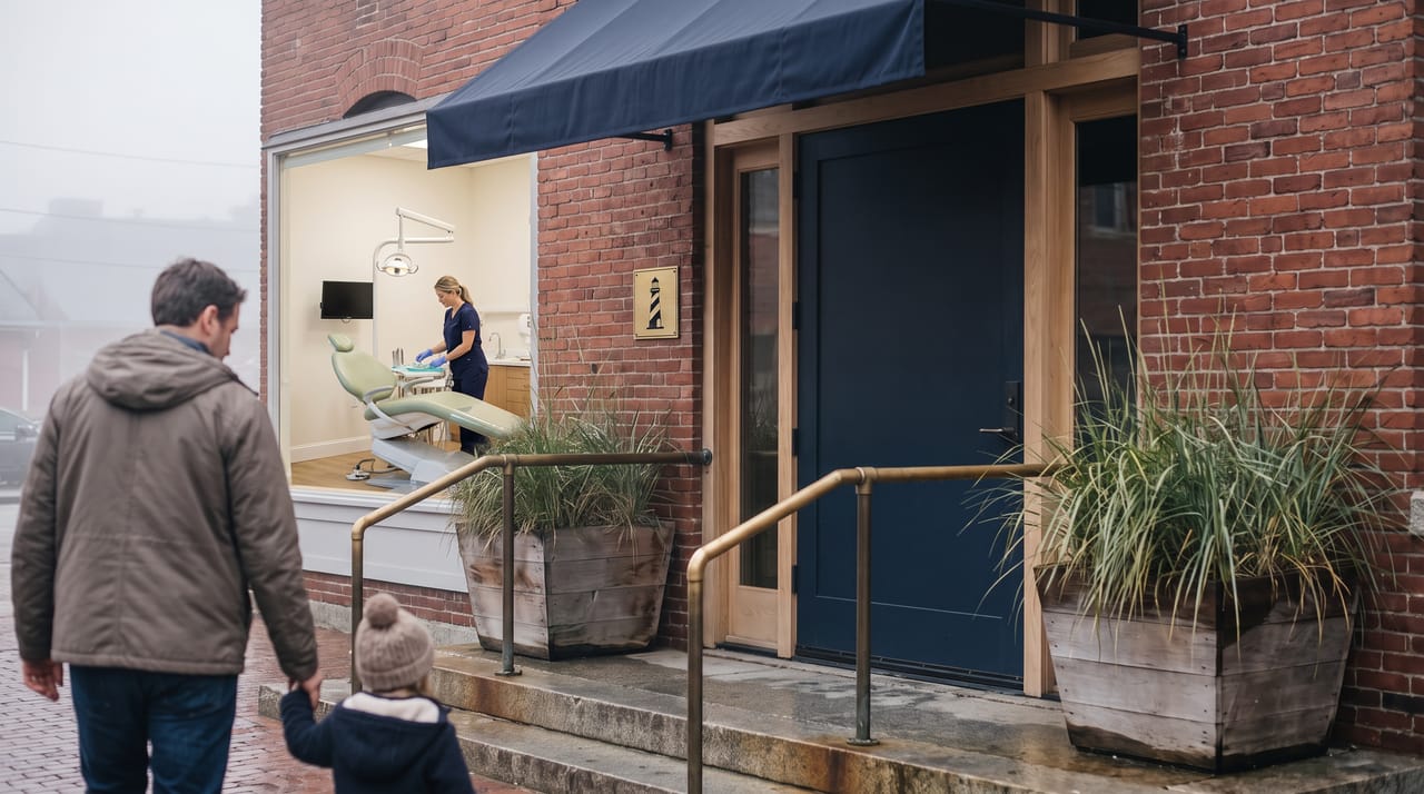 The navy front door and brass handrail of Harborlight's brick building on an overcast Portland morning, a hygienist preparing a treatment room visible through the window, a parent and child walking in