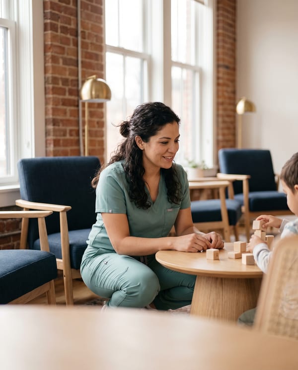 Portrait of Rosa Delgado, dental assistant, crouched beside the wooden play table in the Harborlight reception
