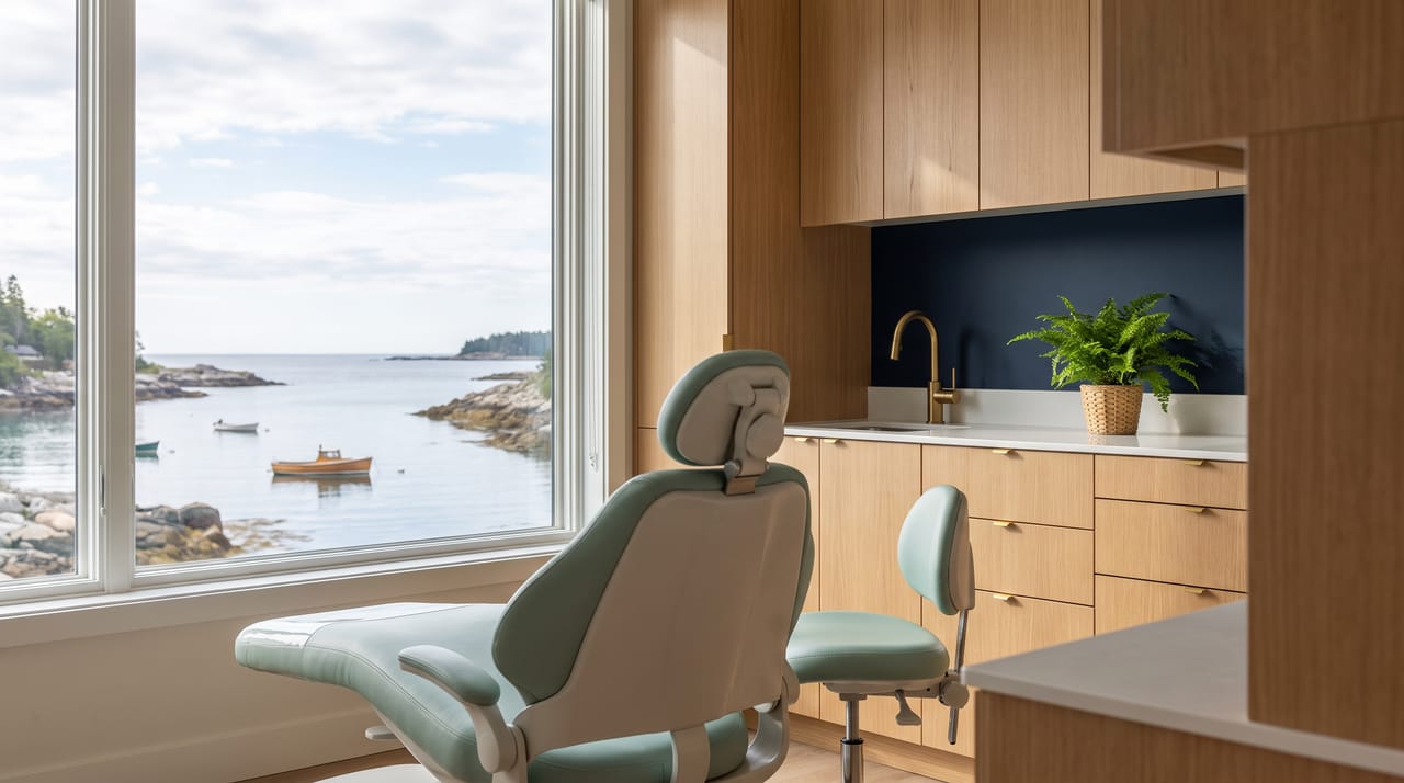 A Harborlight treatment room with a large window over the cove, pale green chair upholstery and white oak cabinetry